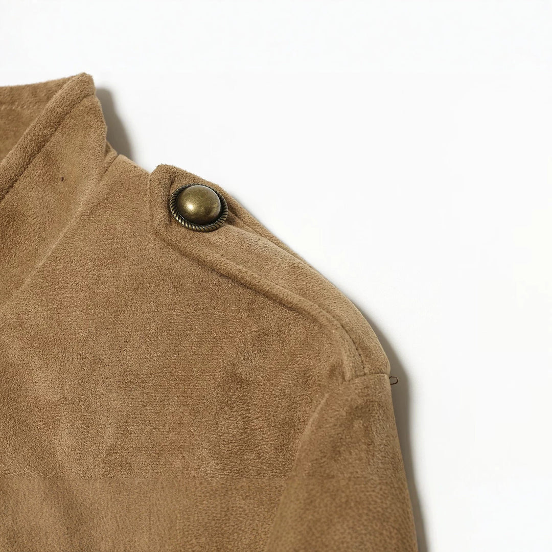 Damen Kurzblouson im Militärstil aus Velourslederoptik mit Reihen-Messingknöpfen Echo Archiv