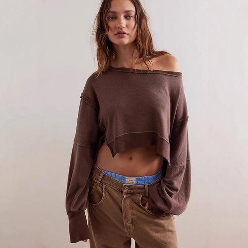 Damen cropped Oversize-Sweatshirt mit Daumenloch, fransigem Saum und weitem Raglanärmel – Avérine