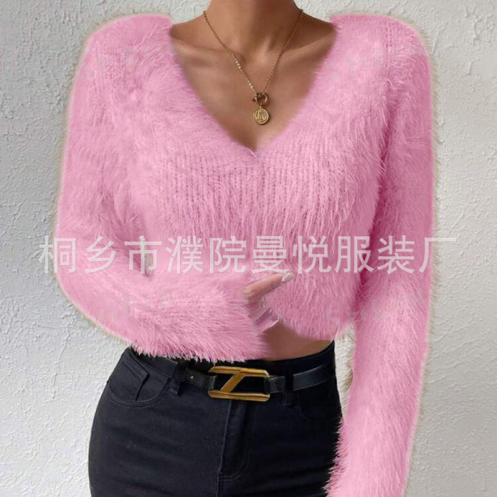 Damen Flauschiger Crop-Pullover mit V-Ausschnitt und Eyelash-Struktur – Mavelle