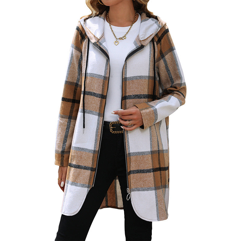 Damen Lange Kapuzen‑Strickjacke mit Karomuster, Reißverschluss & Eingrifftaschen Echoarchiv