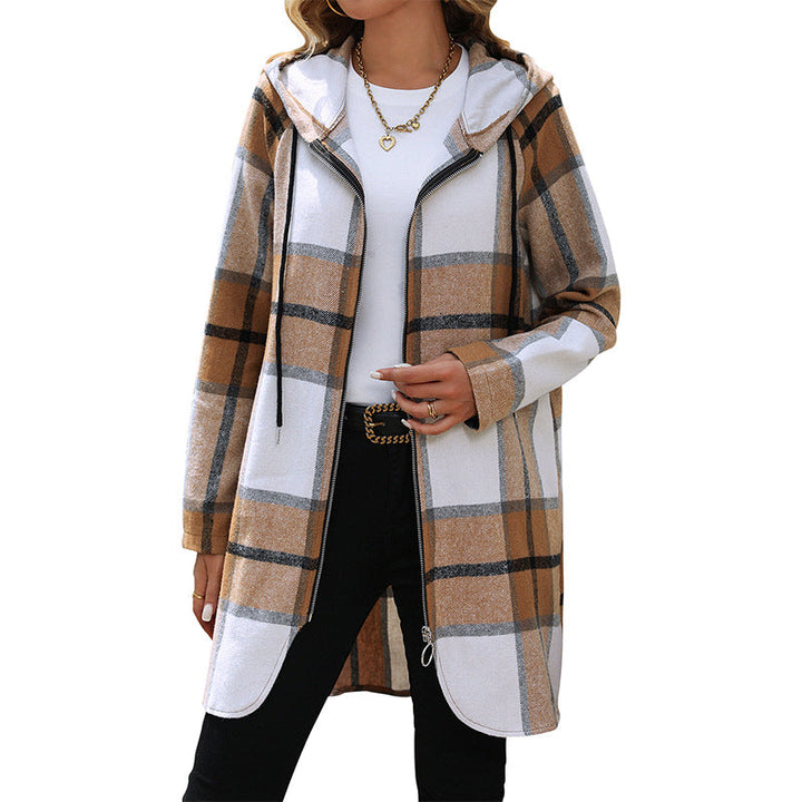 Damen Lange Kapuzen‑Strickjacke mit Karomuster, Reißverschluss & Eingrifftaschen Echoarchiv