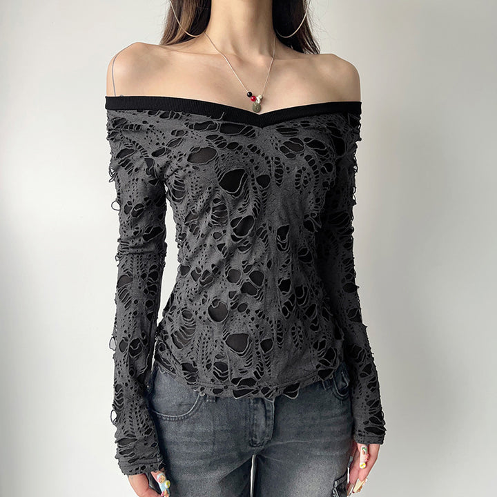 Damen nan transparentes Distressed-Spitzenshirt mit V-Ausschnitt, langärmeligem Layer-Look und innenliegendem Cami Echo Archiv