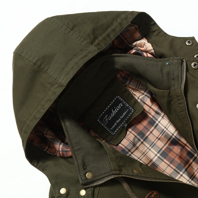 Herren Kapuzen-Canvasparka mit karierter Innenfütterung und Multifunktions‑Taschen – Taviero