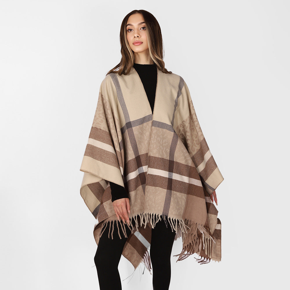 Damen Übergroßer Poncho mit Fransen und Karomuster Echo Archiv