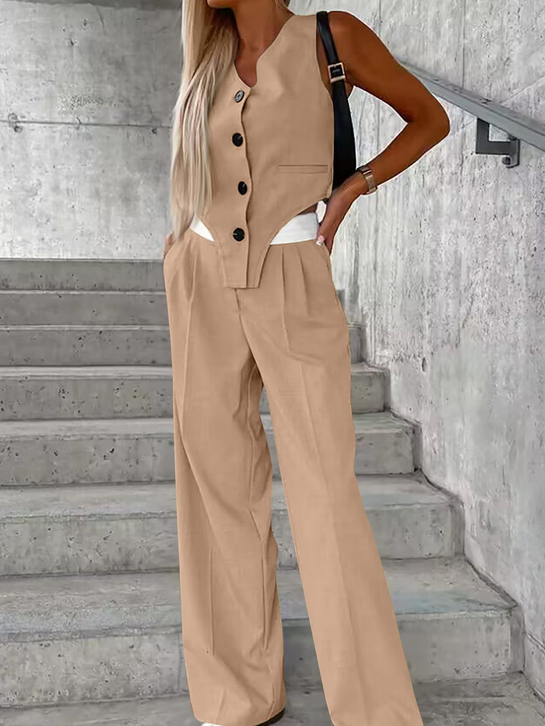 Damen Asymmetrisches Gilet- und Palazzohosen-Set mit Bundfalten und Eingrifftaschen – Avélisse