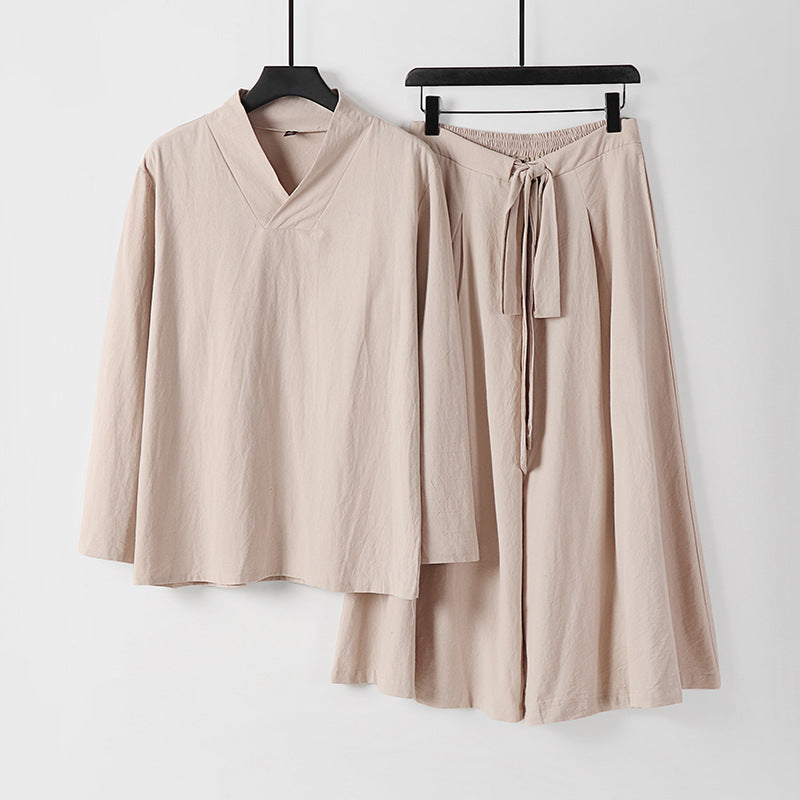Damen Leichtes Leinen-Baumwoll Loungewear-Set mit V-Ausschnitt, weitem Midirock und Bindegürtel Echoarchiv