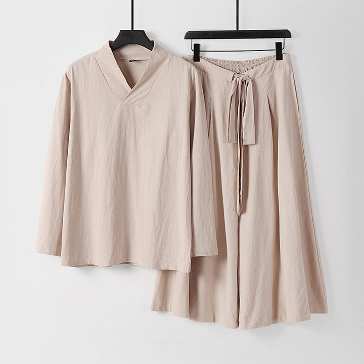Damen Leichtes Leinen-Baumwoll Loungewear-Set mit V-Ausschnitt, weitem Midirock und Bindegürtel Echoarchiv