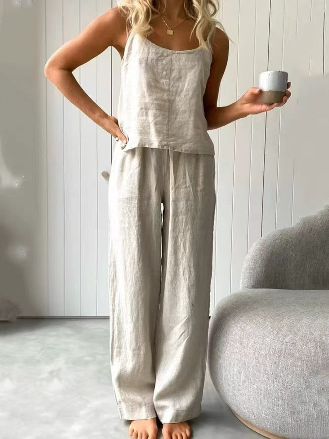 Damen lässiges Leinen-Set mit Trägershirt und weiten Hosen Echo Archiv