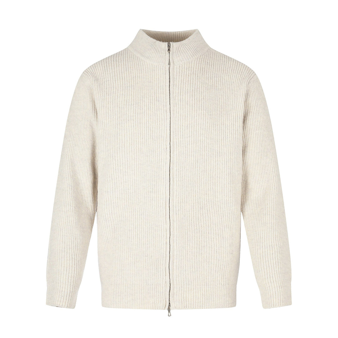 Unisex Gerippte Strick-Cardigan mit Stehkragen, Zweiwege-Reißverschluss und Rippstruktur Echoarchiv
