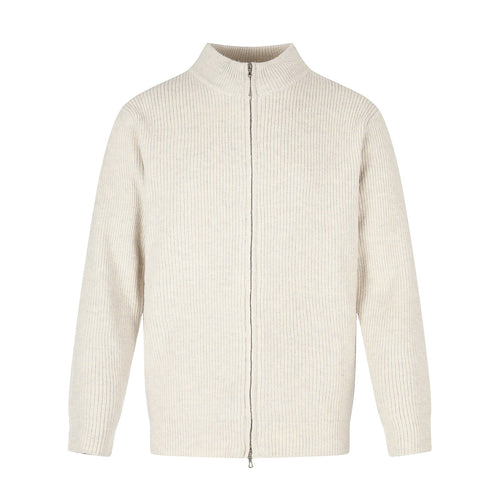 Unisex Gerippte Strick-Cardigan mit Stehkragen, Zweiwege-Reißverschluss und Rippstruktur Echoarchiv