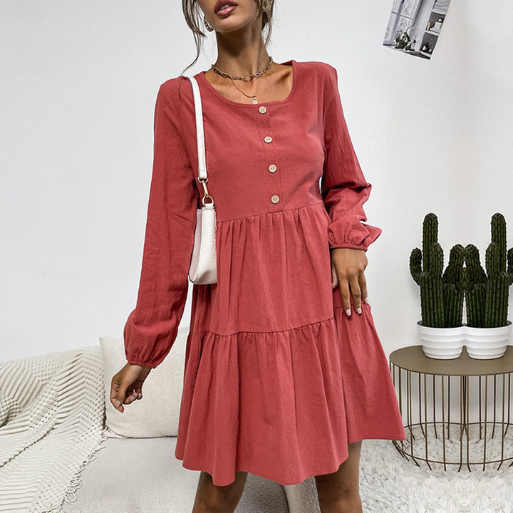 Damen Lockeres Cord-Volantkleid mit Stufenrock & Zierknopfleiste – Valéora