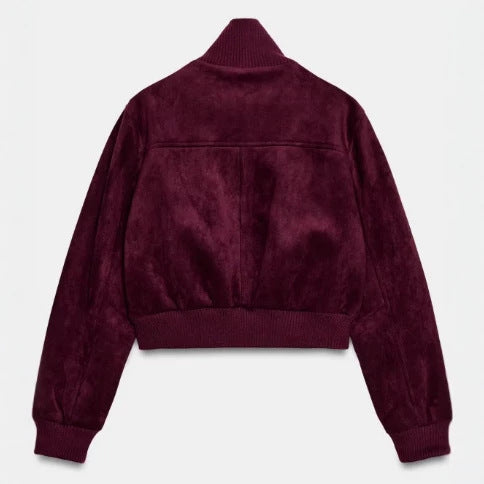 Damen Kurze Veloursleder-Bomberjacke mit hohem Rippenkragen, elastischem Saum und Eingrifftaschen Echo Archiv