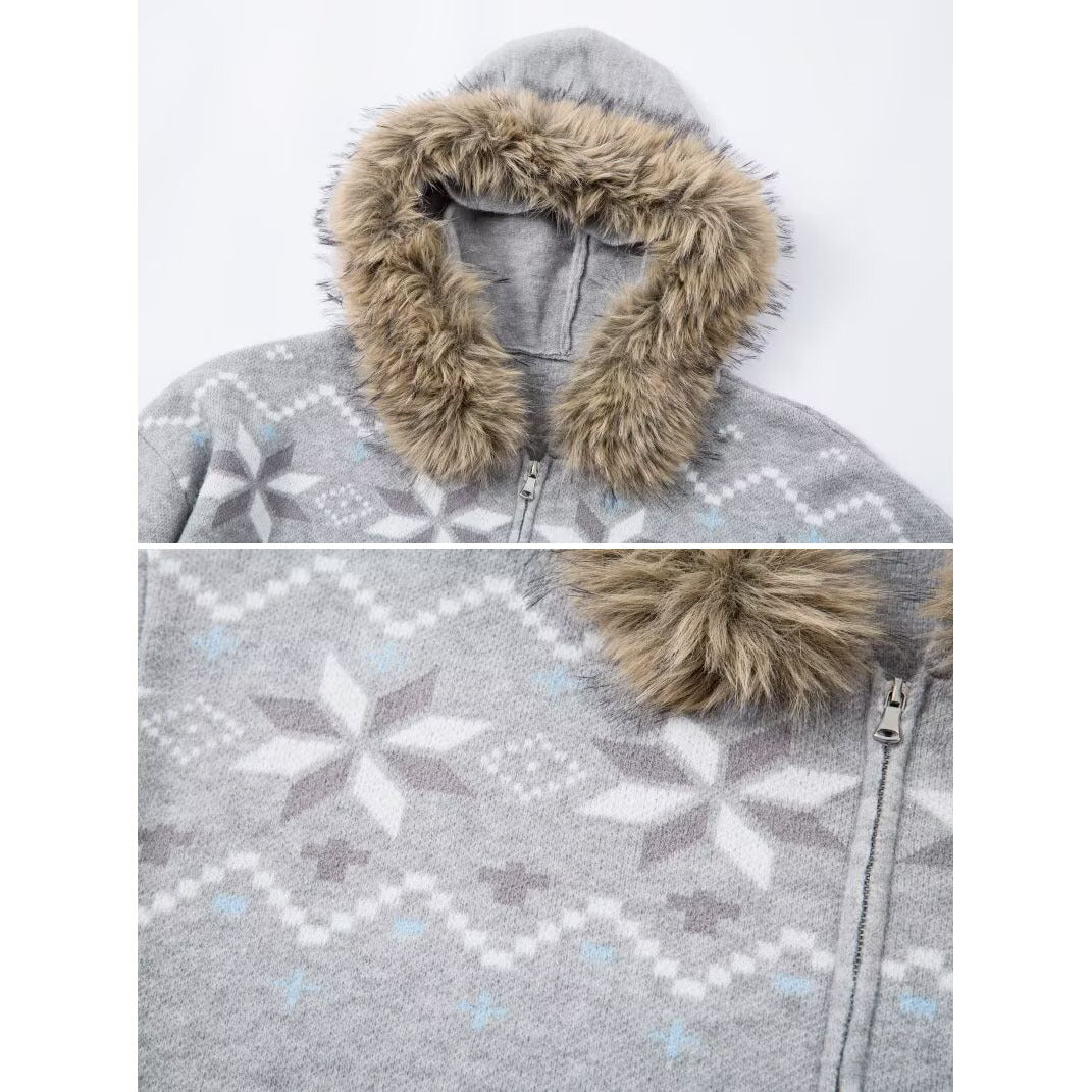 Damen Kapuzensweatjacke mit Kunstfell Kragen und Norweger-Muster Echoarchiv