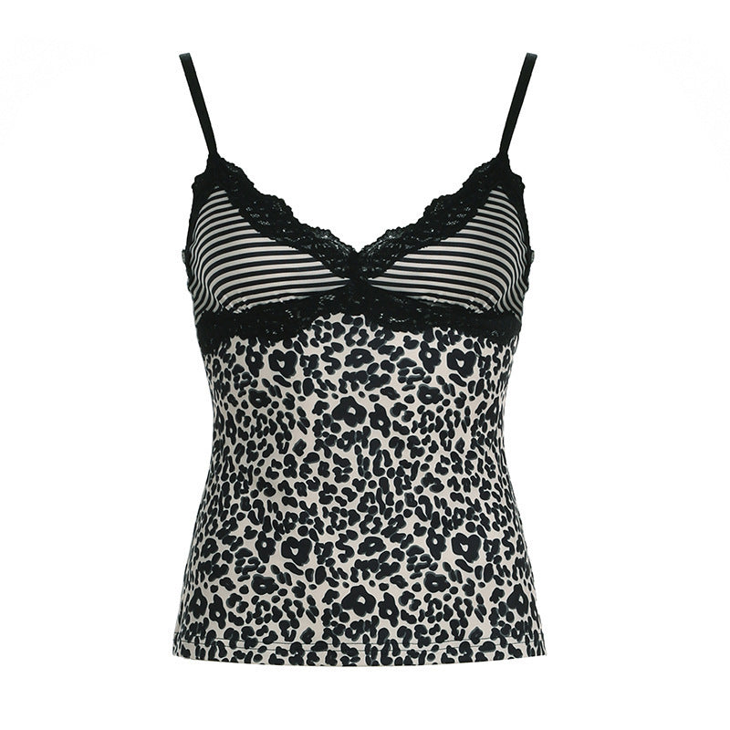 Damen Spaghetti-Trägertop mit elegantem Spitzenbesatz und modernem Leopardenmuster Echo Archiv