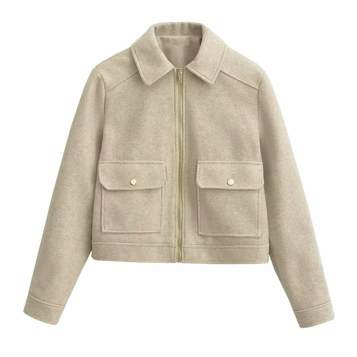 Damen boxy Wollblend Shacket mit verdecktem Metallreißverschluss, Hemdkragen und aufgesetzten Pattentaschen – Célinea