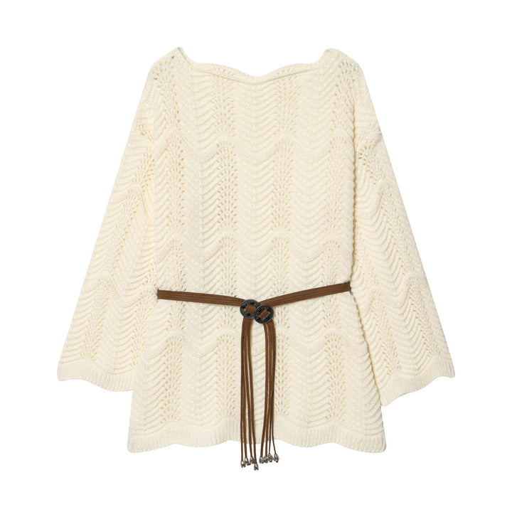 Damen nan gestricktes Poncho-Cape mit dekorativem Lederbandgürtel Echo Archiv