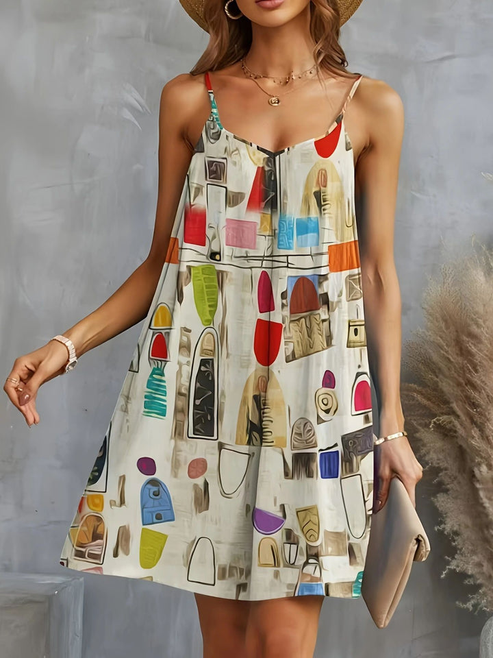 Damen luftiges Sommerkleid mit buntem geometrischem Muster und Kreuzträgern Echo Archiv