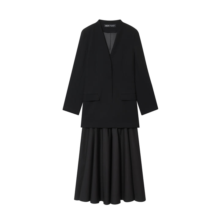 Damen kragenloser Longblazer mit offenem Vorderteil, Pattentaschen und leichtem Stretch – Célinea
