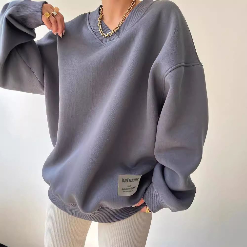 Damen Oversized Sweatshirt mit V-Ausschnitt und geripptem Kragen Echoarchiv