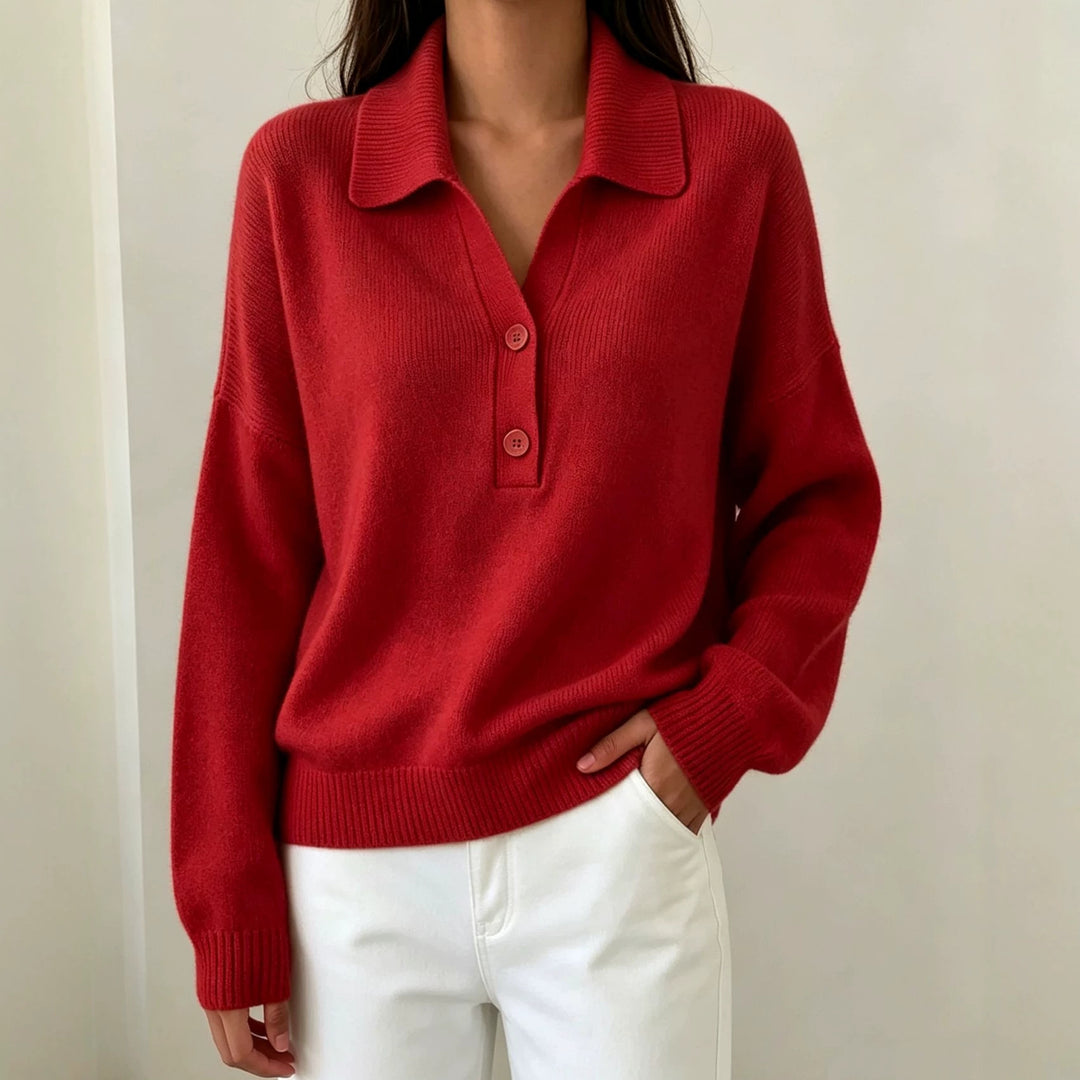 Damen Polokragen-Pullover mit halber Knopfleiste und geripptem Saum – Mavelle