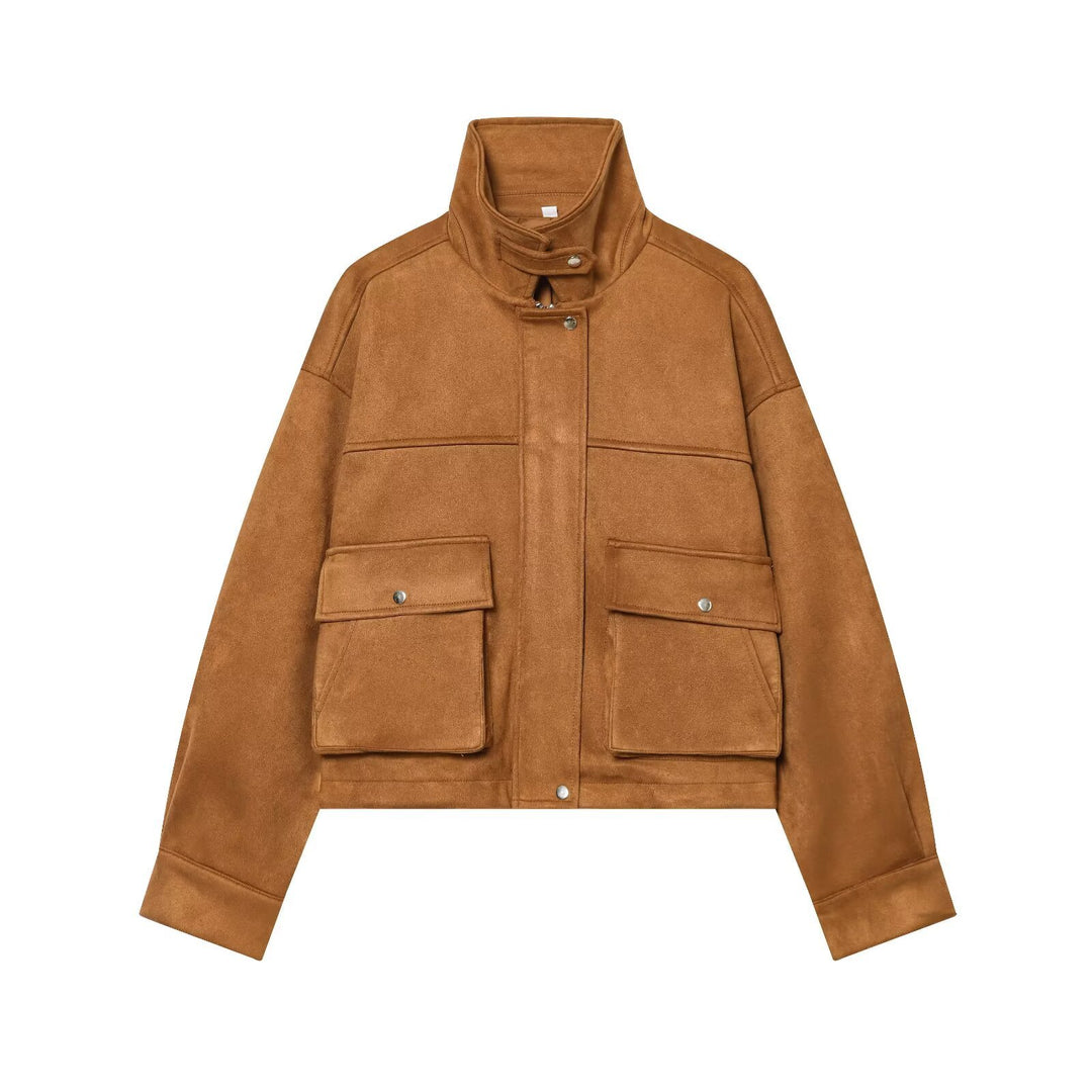 Damen Kurze Boxy-Jacke in Wildlederoptik mit Funnelkragen und großen Klappentaschen Echoarchiv