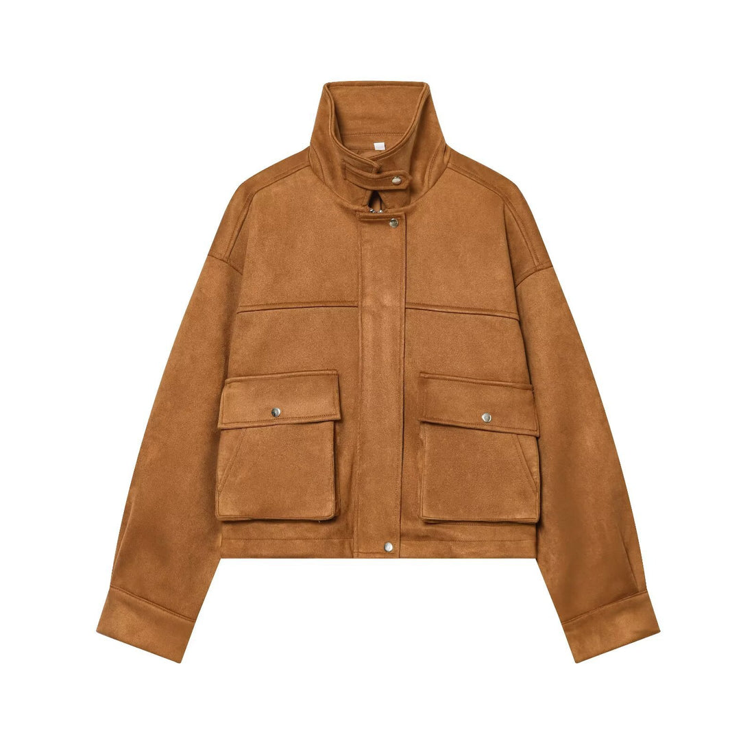 Damen Kurze Boxy-Jacke in Wildlederoptik mit Funnelkragen und großen Klappentaschen Echoarchiv