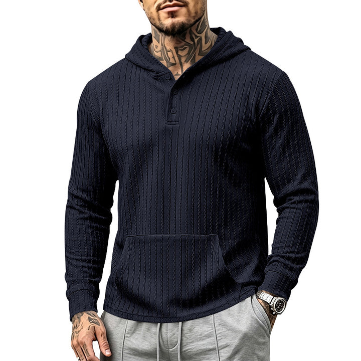 Herren Kapuzen-Henley-Pullover mit Zopfstruktur, Kängurutasche und Rippbündchen Echoarchiv