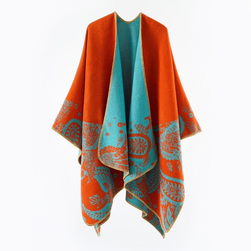 Damen Reversibler Jacquard-Capeponcho aus Wollmix mit Paisley-Motiv und offenem Fall – Montévia