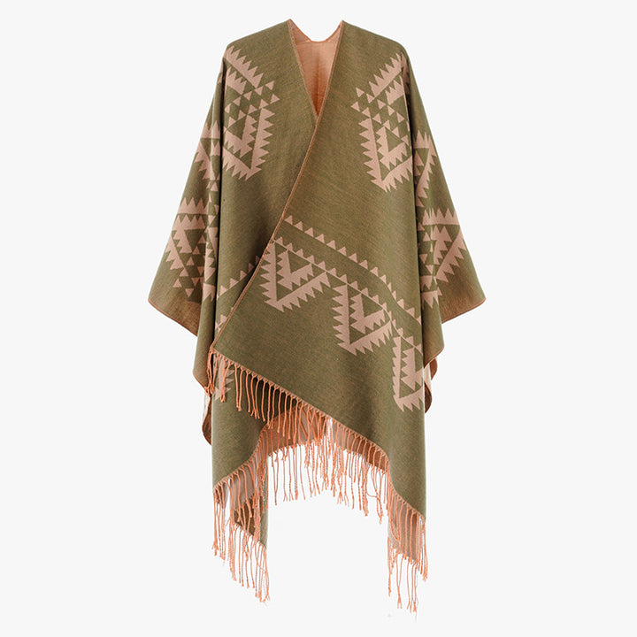 Damen Grobgewebter Jacquard-Umhang im Oversize mit Zipfelsaum und Fransensaum Echo Archiv