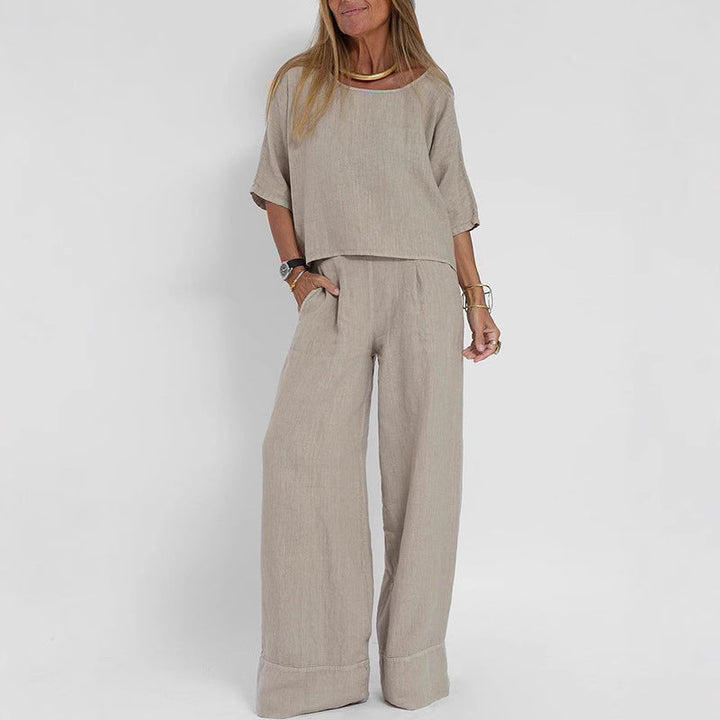 Damen luftiges Leinen-Ensemble mit weitem Schnitt und praktischen Taschen Echoarchiv