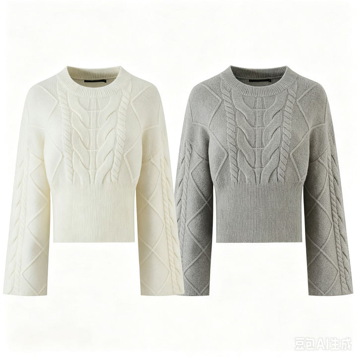 Damen Kurzgeschnittener Zopfstrick-Pullover mit weitem Ärmel und geripptem Saum Echo Archiv