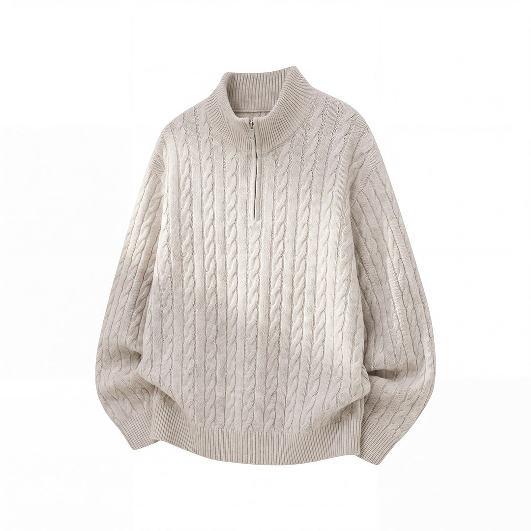 Unisex Lässiger Zopfmuster-Halbzip-Pullover mit hohem Rippkragen und Oversize-Schnitt Echo Archiv