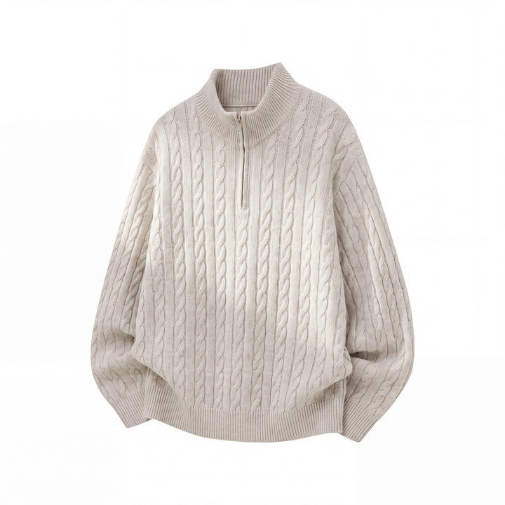 Unisex Lässiger Zopfmuster-Halbzip-Pullover mit hohem Rippkragen und Oversize-Schnitt Echo Archiv