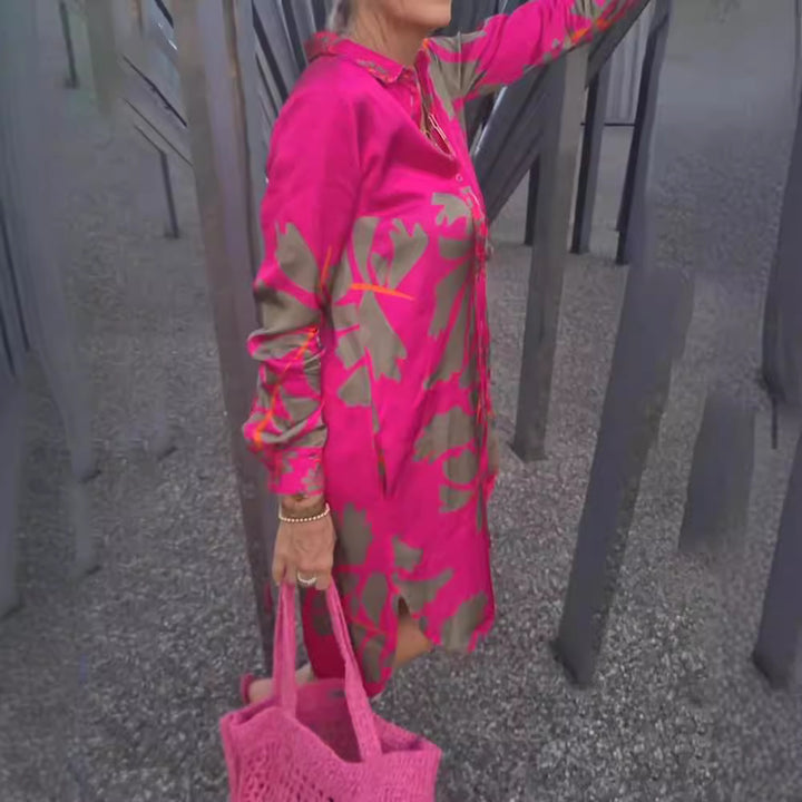 Damen nan locker fallendes Hemdblusenkleid mit durchgehender Knopfleiste Hemdkragen Manschetten und großem botanischem Print Echo Archiv