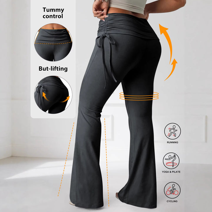 Damen High-Waist Flared-Yogahose mit seitlicher Raffnaht und Kordelzug – Avélisse
