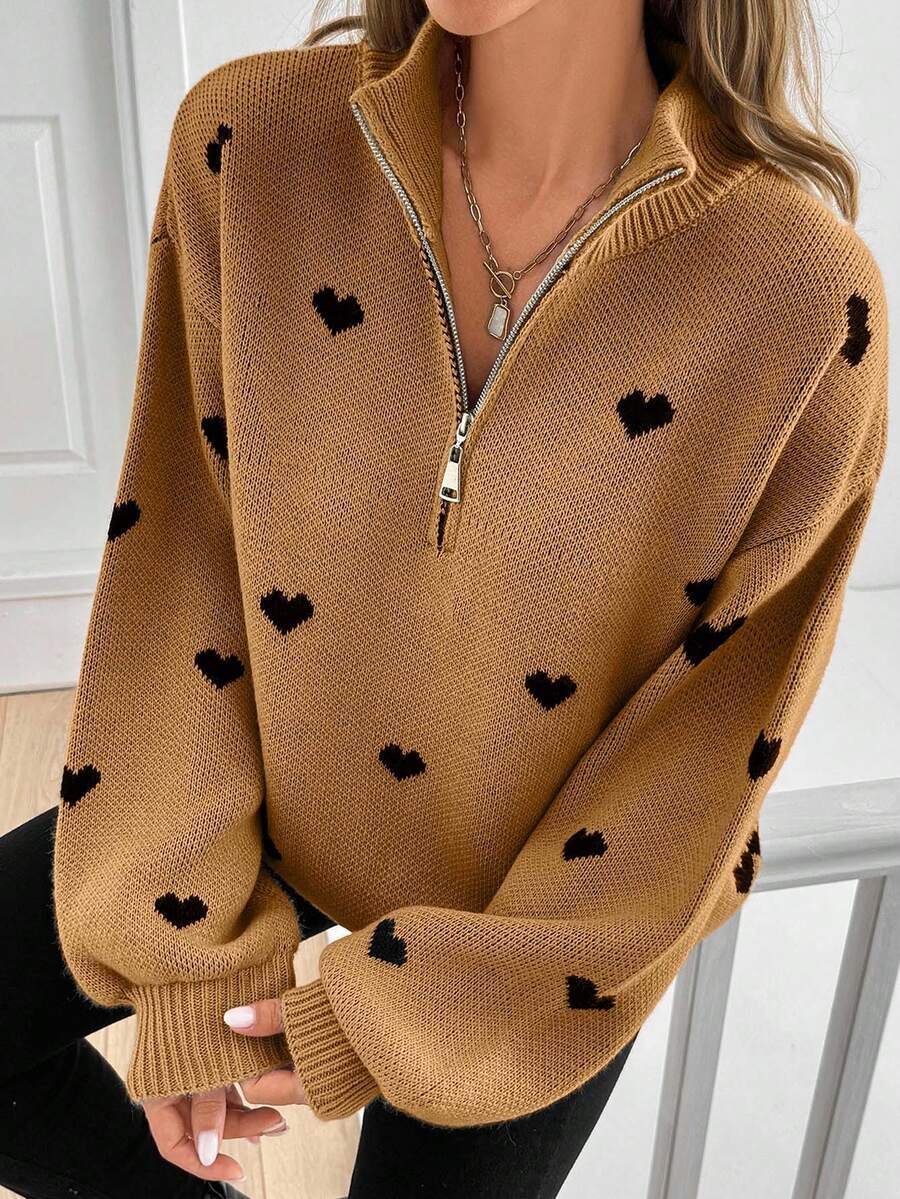 Damen Oversize Strickpullover mit Half-Zip und Herzmotiv Echoarchiv