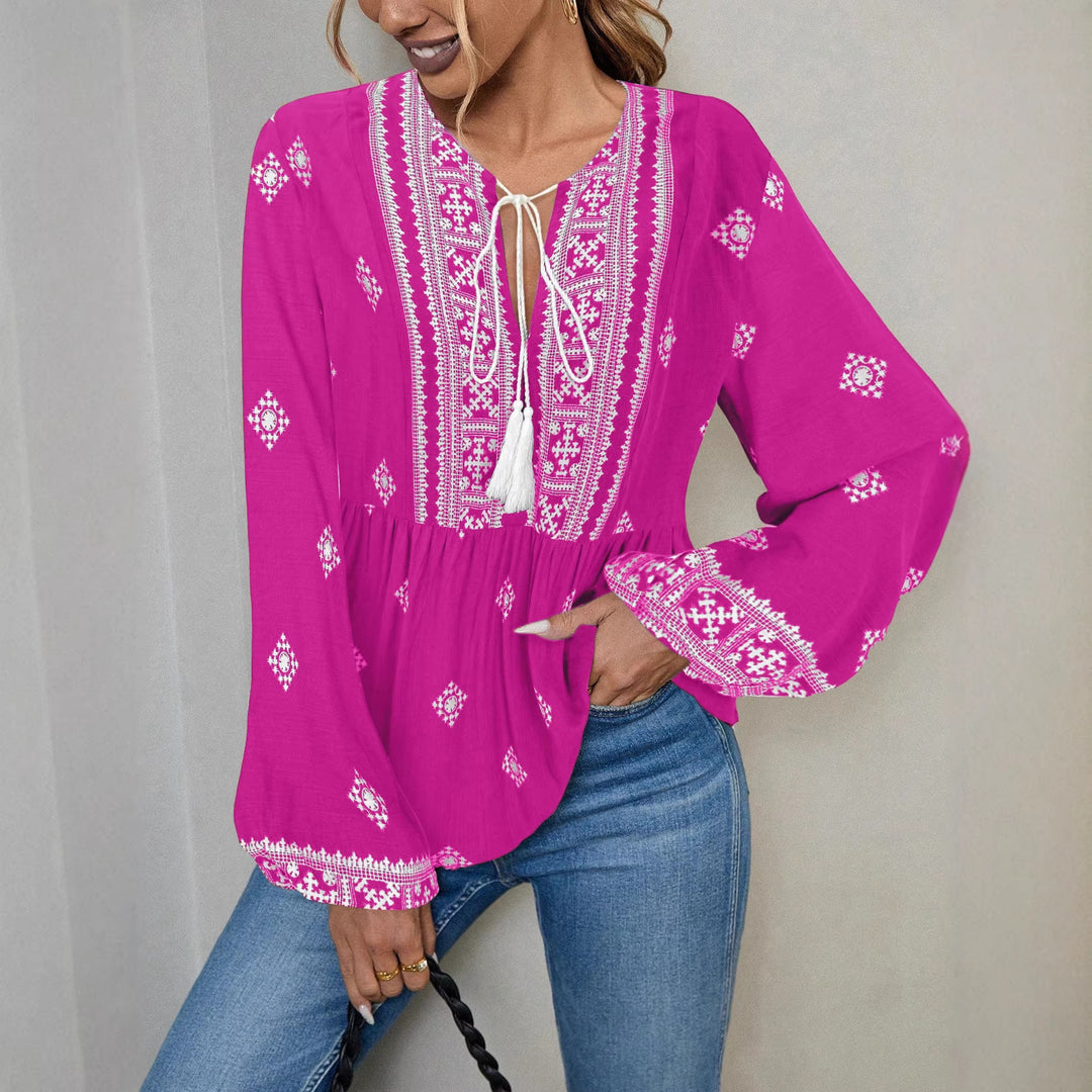 Damen Bestickte Boho-Tunika-Bluse mit Quastenbändern und stufigem Saum Echo Archiv