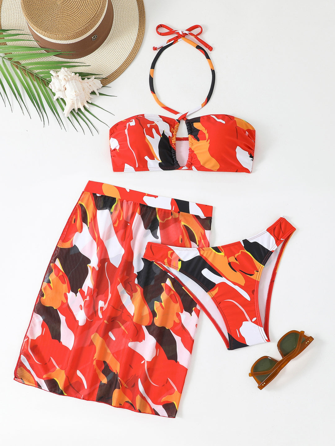 Damen Bunt bedrucktes Bikini-Set mit luftigem Überrock Echo Archiv