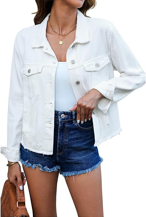 Damen Kurz geschnittene Jeansjacke mit Fransen-Saum und aufgesetzten Brusttaschen Echo Archiv