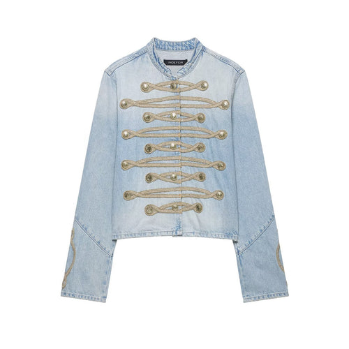 Damen Kurzer Denim-Militärblouson mit dekorativen Kordeln und Stehkragen Echo Archiv