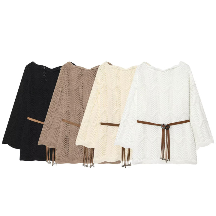 Damen Gestricktes Poncho-Cape mit Ajourmuster und Lederquasten-Gürtel Echo Archiv