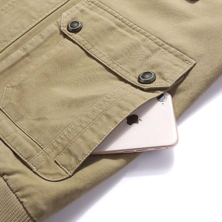Herren Canvas Utility-Weste mit mehreren Außentaschen, Reißverschluss und Stehkragen Echoarchiv