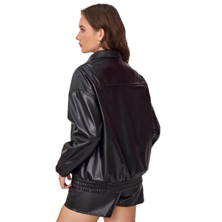 Damen Kurze Oversize Kunstlederjacke mit Reverskragen und Ballonärmeln – Célinea
