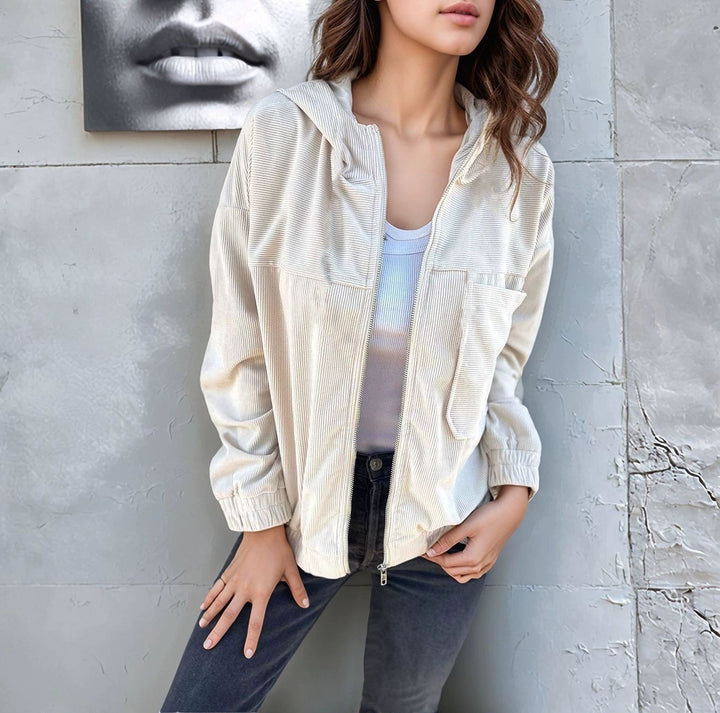 Damen Cord-Zipjacke mit Kapuze, Rippstruktur und Eingrifftaschen Echoarchiv