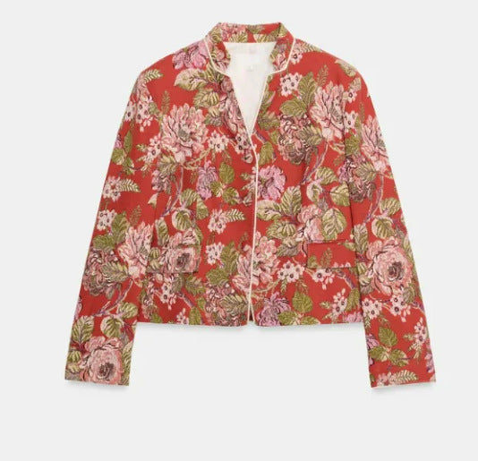 Damen Cropped Jacquard‑Blouson mit Mandarinkragen und floraler Brokatstruktur Echo Archiv