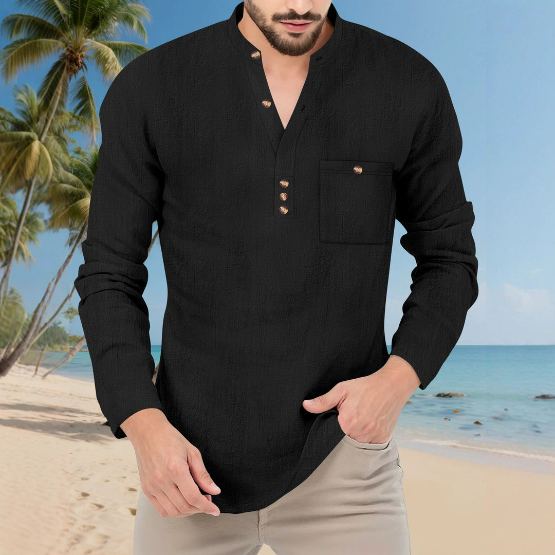 Herren lässiges Langarmshirt mit Knopfleiste und Brusttasche Echoarchiv