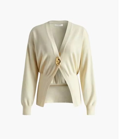 Damen 500+ Cropped‑Cardigan mit Taillenraffung, tiefem V‑Ausschnitt und großem Zierknopf Echo Archiv