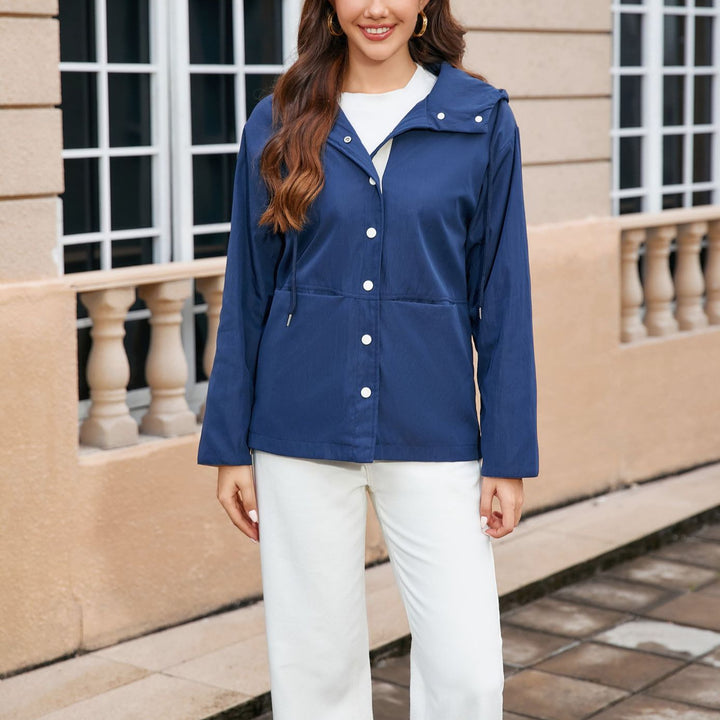 Damen Wasserabweisende Kapuzenjacke mit Druckknopf-Front, Tunnelzug und Eingrifftaschen Echoarchiv