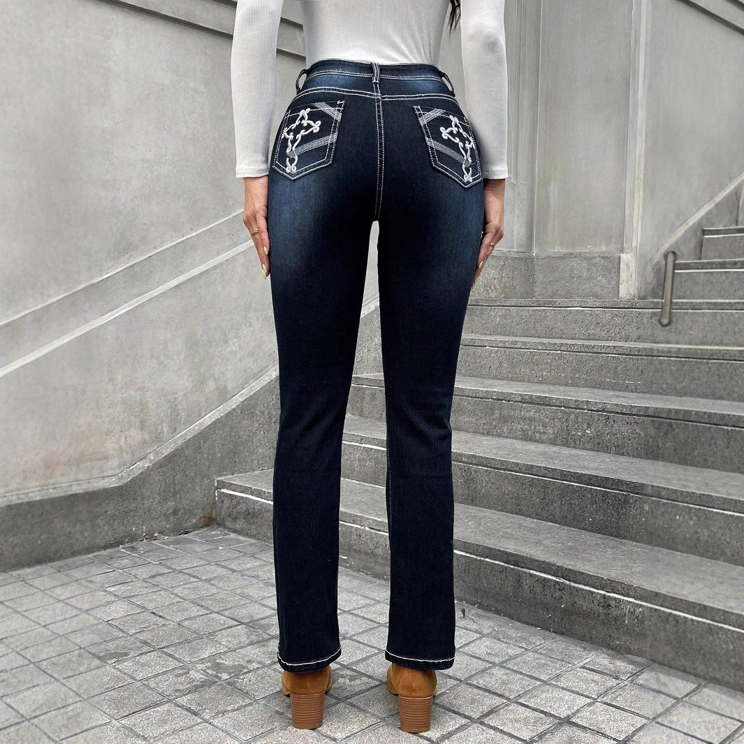 Damen Hochgeschnittene schmal geschnittene Straight-Jeans mit Kontrastnähten und leichtem Schlag Echo Archiv
