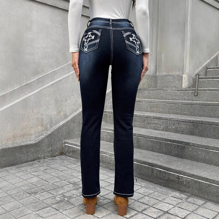 Damen Hochgeschnittene schmal geschnittene Straight-Jeans mit Kontrastnähten und leichtem Schlag Echo Archiv